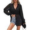 imageOYOANGLE Womens Sheer Button Front Long Sleeve See Through Chiffon Blouse Shirt TopsBlack