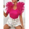 imageOYOANGLE Womens Short Sleeve Layer Ruffle Blouses V Neck Rib Knitted TopsHot Pink