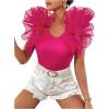 imageOYOANGLE Womens Short Sleeve Layer Ruffle Blouses V Neck Rib Knitted TopsHot Pink