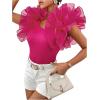 imageOYOANGLE Womens Short Sleeve Layer Ruffle Blouses V Neck Rib Knitted TopsHot Pink