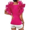 imageOYOANGLE Womens Short Sleeve Layer Ruffle Blouses V Neck Rib Knitted TopsHot Pink