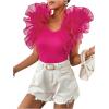 imageOYOANGLE Womens Short Sleeve Layer Ruffle Blouses V Neck Rib Knitted TopsHot Pink