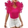 imageOYOANGLE Womens Short Sleeve Layer Ruffle Blouses V Neck Rib Knitted TopsHot Pink