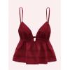 imageOYOANGLE Womens Spaghetti Strap Deep V Neck Crop Cami Tops Tie Front Sleeveless Peplum TopBurgundy