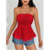imageOYOANGLE Womens Strapless Tube Tops Sleeveless Eyelet Embroidery Ruffle Hem Peplum Bandeau TopsRed