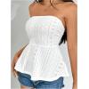 imageOYOANGLE Womens Strapless Tube Tops Sleeveless Eyelet Embroidery Ruffle Hem Peplum Bandeau TopsWhite
