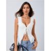 imageOYOANGLE Womens Summer Casual Tie Front Top Sleeveless V Neck Lace Trim Going Out Crop BlouseWhite