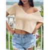 imageOYOANGLE Womens Waffle Knit Cropped Tee Top Deep V Neck Short Sleeve T Shirt Loose Casual Ribbed Crop TopsApricot