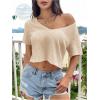 imageOYOANGLE Womens Waffle Knit Cropped Tee Top Deep V Neck Short Sleeve T Shirt Loose Casual Ribbed Crop TopsApricot