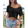 imageOYOANGLE Womens Waffle Knit Cropped Tee Top Deep V Neck Short Sleeve T Shirt Loose Casual Ribbed Crop TopsBlack