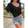 imageOYOANGLE Womens Waffle Knit Cropped Tee Top Deep V Neck Short Sleeve T Shirt Loose Casual Ribbed Crop TopsBlack