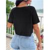 imageOYOANGLE Womens Waffle Knit Cropped Tee Top Deep V Neck Short Sleeve T Shirt Loose Casual Ribbed Crop TopsBlack
