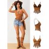 imageOYOANGLE Womens Y2K Fringe Sleeveless Spaghetti Strap Faux Suede Vintage Hippie Crop Top BlouseBrown