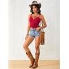 imageOYOANGLE Womens Y2K Fringe Sleeveless Spaghetti Strap Faux Suede Vintage Hippie Crop Top BlouseRed