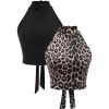 imageOYOANGLE Womens 2 Pcs Backless Halter Crop Top Leopard Print Sleeveless Tie Back Fitted Tank TopsBlack and Brown