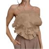 imageOYOANGLE Womens 3D Flower Decor Strapless Sleeveless Bandeau Top Slim Fit Solid Cropped Tube TopsKhaki