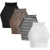 imageOYOANGLE Womens 4 Pack Leopard Print Crew Neck Cami Top Striped Sleeveless Crop Tank TopsBlack and White