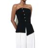 imageOYOANGLE Womens Button Front Strapless Top Asymmetrical Slit Hem Fitted Bandeau Going Out TopsBlack