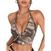 imageOYOANGLE Womens Camo Print Halter Camisoles Deep V Neck Backless Y2K Fitted Crop TopsGreen