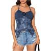 imageOYOANGLE Womens Floral Print Contrast Lace Tie Backless Halter Cami Top Asymmetrical Hem Tank TopsBlue