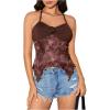 imageOYOANGLE Womens Floral Print Contrast Lace Tie Backless Halter Cami Top Asymmetrical Hem Tank TopsBrown