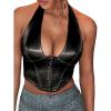 imageOYOANGLE Womens Hook and Eye Halter Corset Top V Neck Backless Sleeveless Crop Bustier TopsBlack