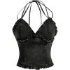 imageOYOANGLE Womens Lettuce Trim Spaghetti Straps Tie Backless Halter Denim Top Slim Fitted Jean Cami TopsBlack