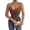 imageOYOANGLE Womens Metal Strap Ruched Tie Back Halter Tops Sleeveless Waffle Knit Tie Side Cami TopsBrown