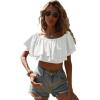 imageOYOANGLE Womens Off Shoulder Short Sleeve Ruffle Blouse Summer Vacation Crop TopsWhite
