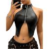 imageOYOANGLE Womens PU Leather Buckle Zipper Front Halter Tank Tops Y2k Backless Asymmetrical Hem Crop TopBlack