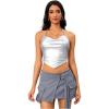 imageOYOANGLE Womens PU Leather Going Out Top Summer Sleeveless Draped Halter Crop Tank Cami TopLight Silver