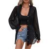imageOYOANGLE Womens Sheer Button Front Long Sleeve See Through Chiffon Blouse Shirt TopsBlack