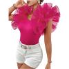 imageOYOANGLE Womens Short Sleeve Layer Ruffle Blouses V Neck Rib Knitted TopsHot Pink