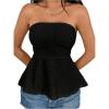 imageOYOANGLE Womens Strapless Tube Tops Sleeveless Eyelet Embroidery Ruffle Hem Peplum Bandeau TopsBlack
