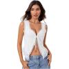 imageOYOANGLE Womens Summer Casual Tie Front Top Sleeveless V Neck Lace Trim Going Out Crop BlouseWhite