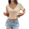 imageOYOANGLE Womens Waffle Knit Cropped Tee Top Deep V Neck Short Sleeve T Shirt Loose Casual Ribbed Crop TopsApricot