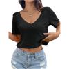 imageOYOANGLE Womens Waffle Knit Cropped Tee Top Deep V Neck Short Sleeve T Shirt Loose Casual Ribbed Crop TopsBlack