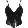 imageOYOANGLE Womens Y2K Fringe Sleeveless Spaghetti Strap Faux Suede Vintage Hippie Crop Top BlouseBlack