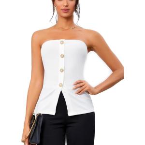 imageOYOANGLE Summer Going Out Tops for Women 2025 Button Front Sleeveless Strapless Tube TopBeige