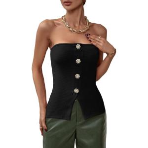 imageOYOANGLE Summer Going Out Tops for Women 2025 Button Front Sleeveless Strapless Tube TopBlack Solid