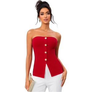 imageOYOANGLE Summer Going Out Tops for Women 2025 Button Front Sleeveless Strapless Tube TopDark Red