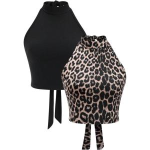 imageOYOANGLE Womens 2 Pcs Backless Halter Crop Top Leopard Print Sleeveless Tie Back Fitted Tank TopsBlack and Brown