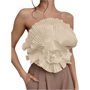imageOYOANGLE Womens 3D Flower Decor Strapless Sleeveless Bandeau Top Slim Fit Solid Cropped Tube TopsApricot