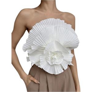 imageOYOANGLE Womens 3D Flower Decor Strapless Sleeveless Bandeau Top Slim Fit Solid Cropped Tube TopsBeige