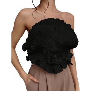 imageOYOANGLE Womens 3D Flower Decor Strapless Sleeveless Bandeau Top Slim Fit Solid Cropped Tube TopsBlack