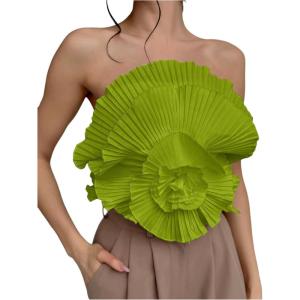imageOYOANGLE Womens 3D Flower Decor Strapless Sleeveless Bandeau Top Slim Fit Solid Cropped Tube TopsGreen