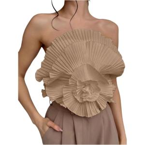 imageOYOANGLE Womens 3D Flower Decor Strapless Sleeveless Bandeau Top Slim Fit Solid Cropped Tube TopsKhaki