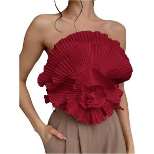 imageOYOANGLE Womens 3D Flower Decor Strapless Sleeveless Bandeau Top Slim Fit Solid Cropped Tube TopsRed