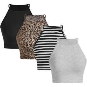 imageOYOANGLE Womens 4 Pack Leopard Print Crew Neck Cami Top Striped Sleeveless Crop Tank TopsBlack Brown Grey