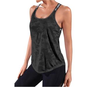 imageOYOANGLE Womens Camo Print Criss Cross Backless Sports Tank Tops Scoop Neck Workout Sleeveless Athletic ShirtsBlack